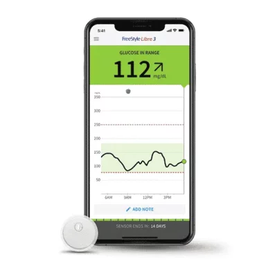 A front-facing image of an Abbott FreeStyle Libre3 Sensor and Smartphone