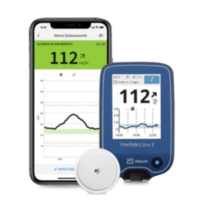 Abbott® FreeStyle Libre 2 CGM System next to a smartphone