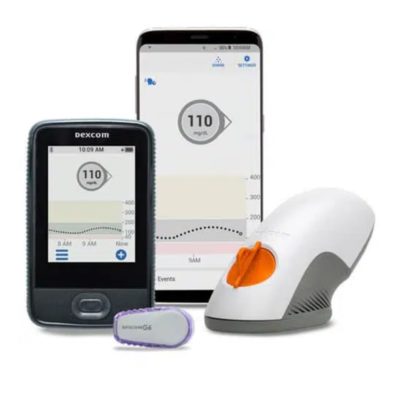 A front-facing image of all of the components of the Dexcom-G6® Continuous Glucose Monitoring System