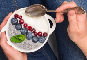 probiotic-rich-meal Chia seeds, yogurt and fruit in a bowl