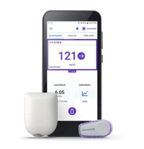 A image of the Omnipod® 5 Automated Insulin Delivery System next to a smartphone with the Omnipod app open