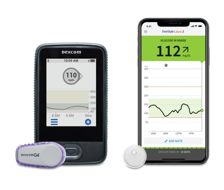 A Continuous Glucose Monitor device category slide, showing two continuous glucose monitor products and associated devices, and each monitor device screen displays a reading of measurements.