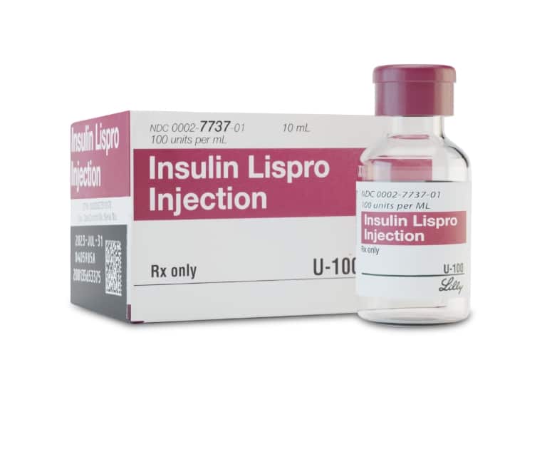 An insulin supplies category slide showing a 100 unit vial of insulin lispro
