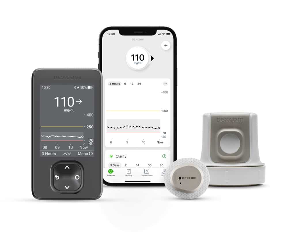 A front-facing image of the Dexcom G7 CGM System, sensor and smartphone.