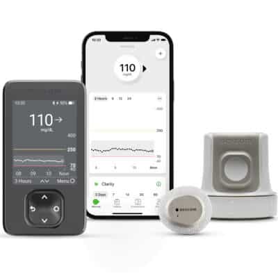 A front-facing image of the Dexcom G7 CGM System, sensor and smartphone.